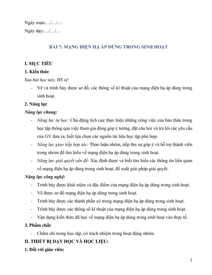 Giáo án và PPT công nghệ 12 điện - điện tử Kết nối bài 7: Mạng điện hạ áp dùng trong sinh hoạt