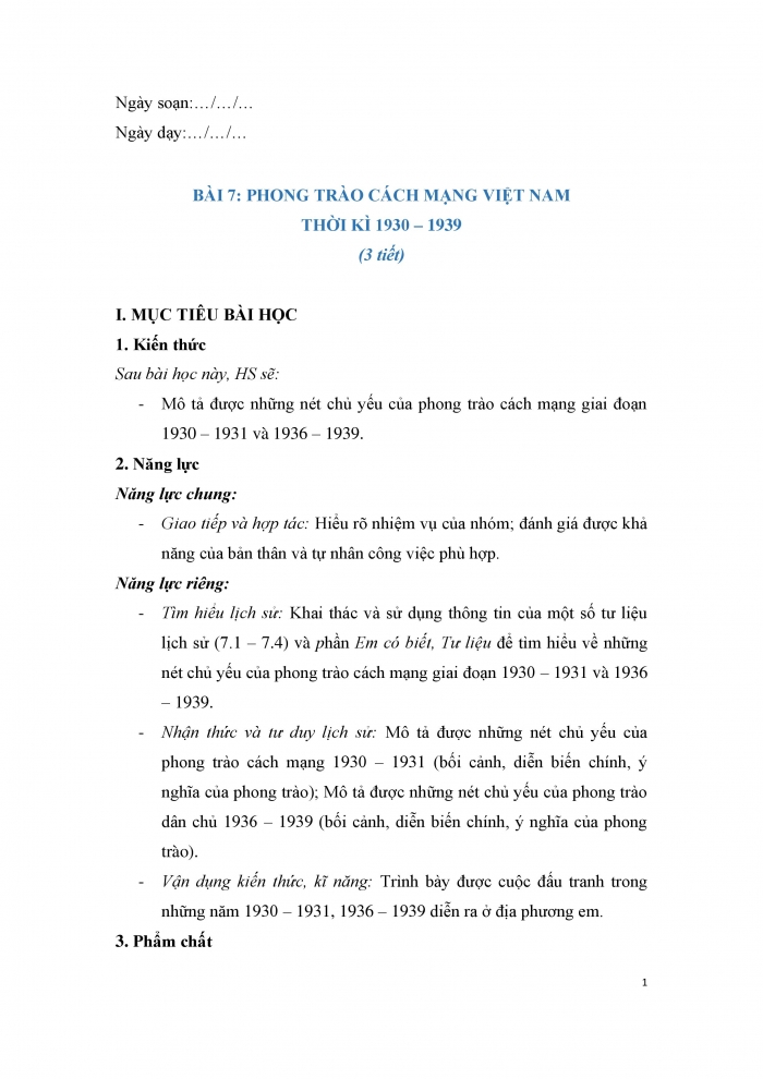 Giáo án và PPT Lịch sử 9 kết nối bài 7: Phong trào cách mạng Việt Nam thời kì 1930 – 1939