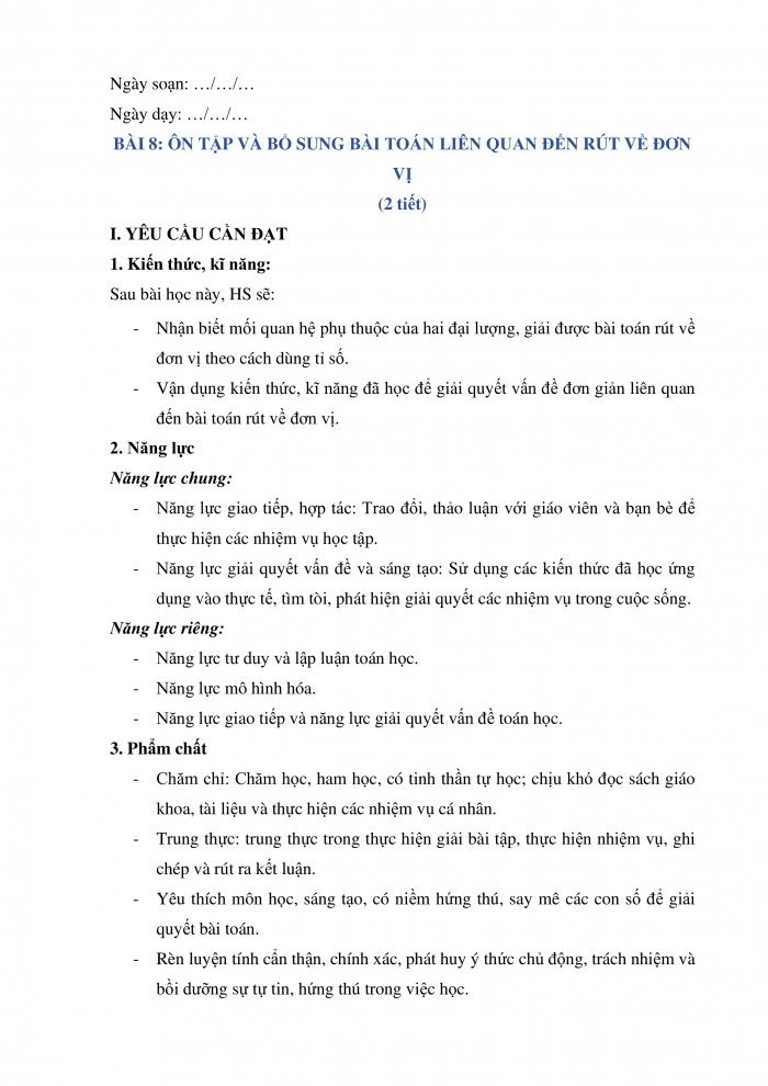 Giáo án và PPT Toán 5 Chân trời bài 8: Ôn tập và bổ sung bài toán liên quan đến rút về đơn vị