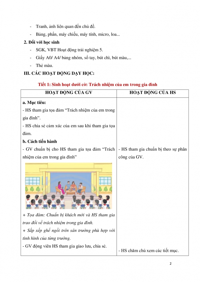 Giáo án và PPT Hoạt động trải nghiệm 5 chân trời bản 2 Chủ đề 2: Thể hiện trách nhiệm với gia đình - Tuần 6