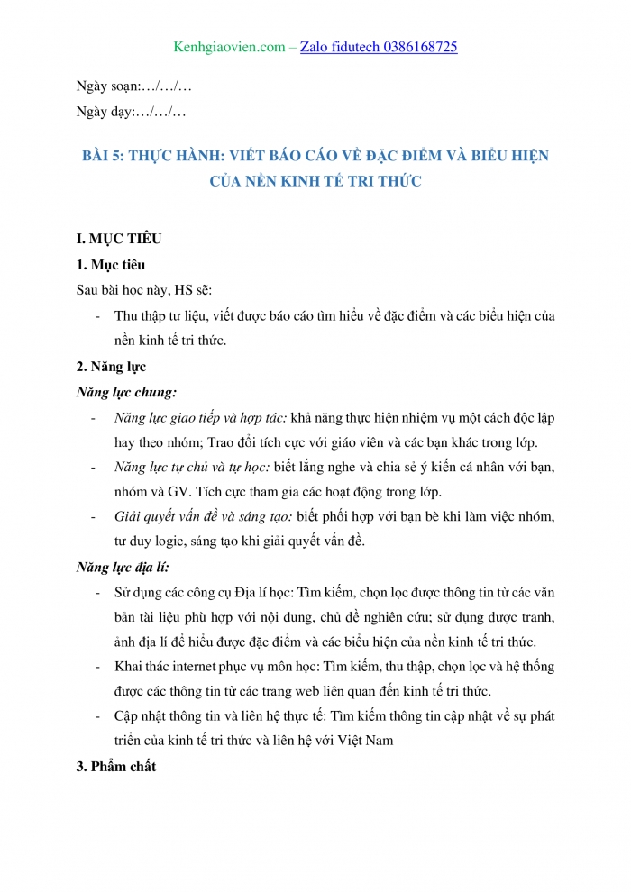Giáo án và PPT Địa lí 11 kết nối Bài 5: Thực hành Viết báo cáo về đặc điểm và biểu hiện của nền kinh tế tri thức