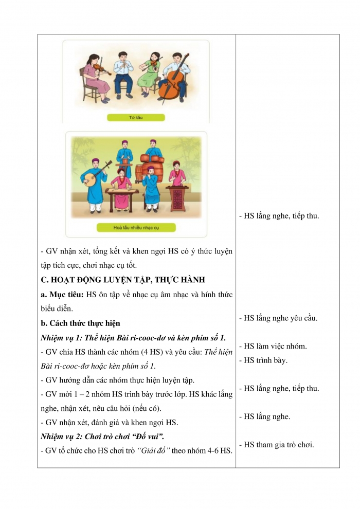 Giáo án và PPT Âm nhạc 5 cánh diều Tiết 3: Nhạc cụ thể hiện tiết tấu – Nhạc cụ thể hiện giai điệu; Thường thức âm nhạc Hình thức biểu diễn Độc tấu, hoà tấu