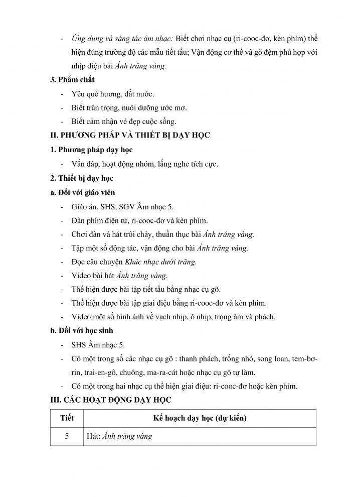 Giáo án và PPT Âm nhạc 5 cánh diều Tiết 5: Hát Ánh trăng vàng