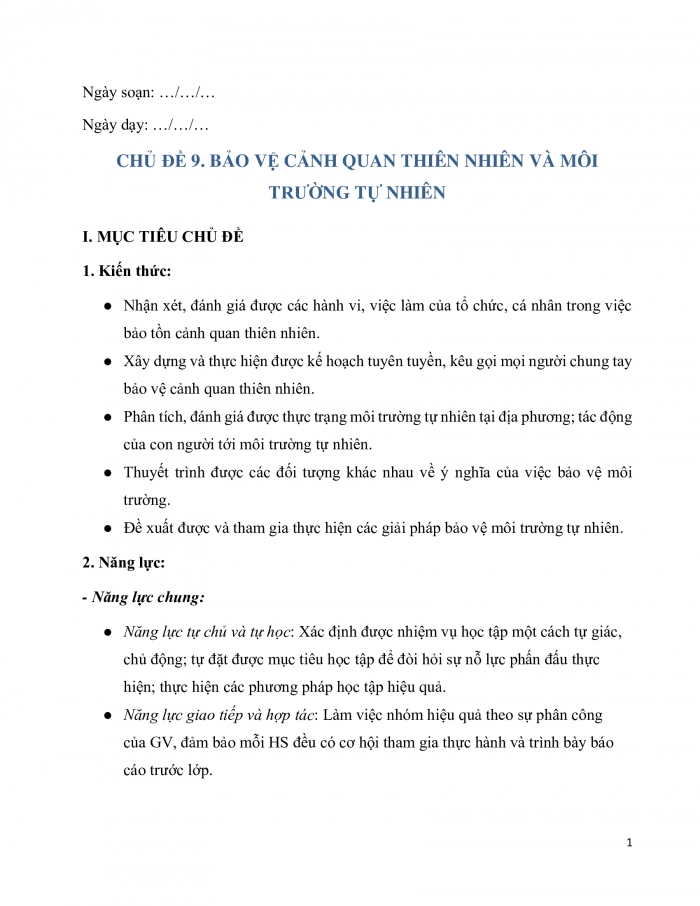 Giáo án và PPT Hoạt động trải nghiệm 10 chân trời bản 1 Chủ đề 9: Bảo vệ cảnh quan thiên nhiên và môi trường tự nhiên