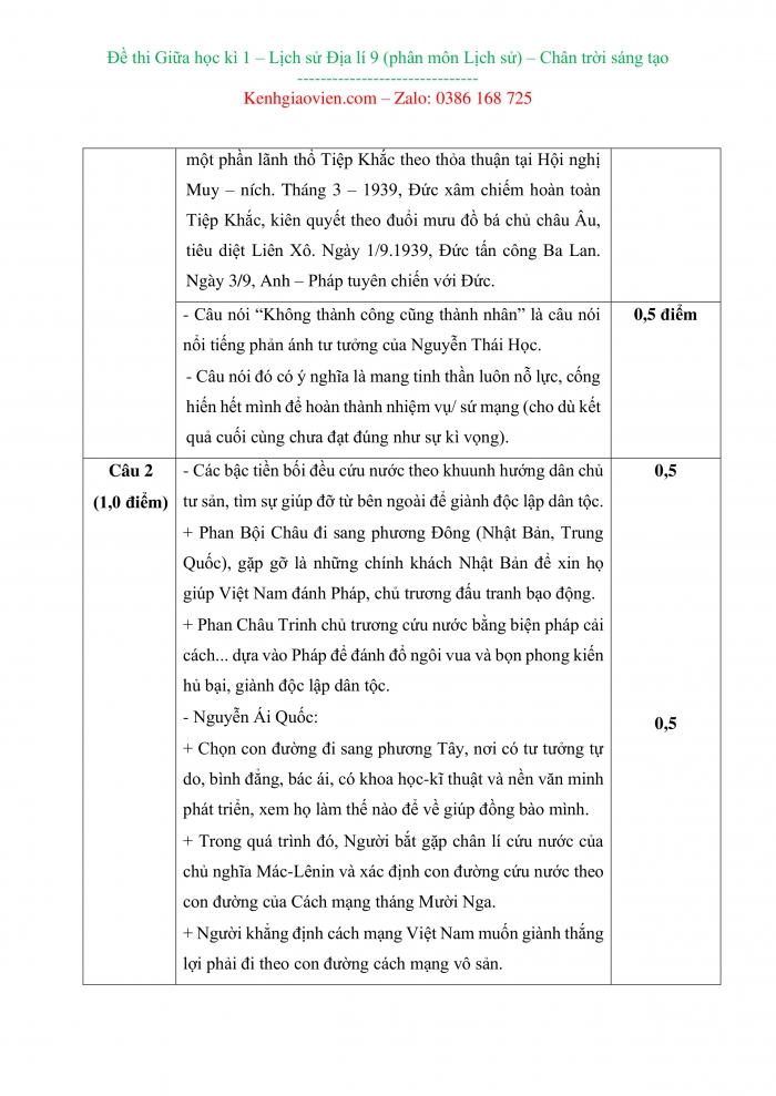 Đề thi lịch sử 9 chân trời sáng tạo có ma trận