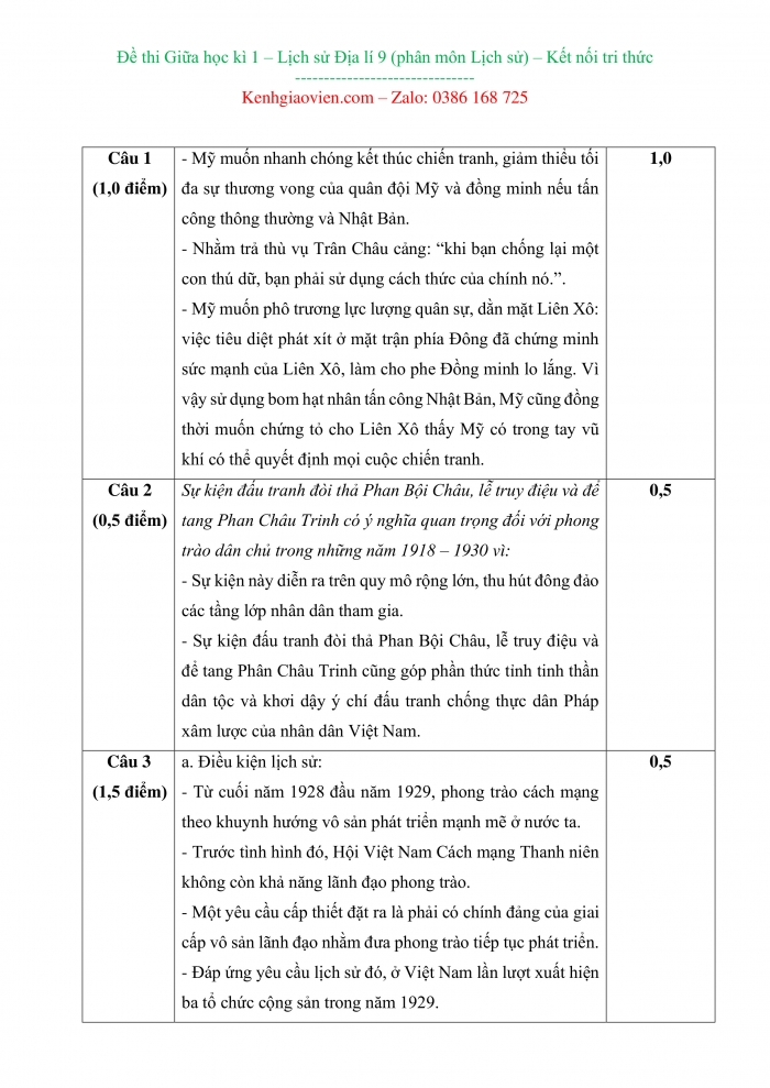 Đề thi lịch sử 9 kết nối tri thức có ma trận