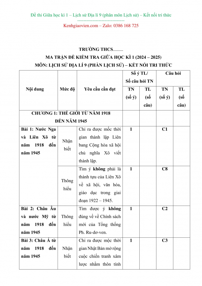 Đề thi lịch sử 9 kết nối tri thức có ma trận