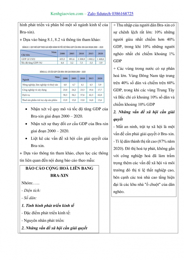 Giáo án và PPT Địa lí 11 kết nối Bài 8: Thực hành Viết báo cáo về tình hình phát triển kinh tế - xã hội ở Cộng hoà Liên bang Bra-xin