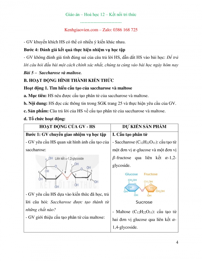 Giáo án và PPT Hoá học 12 kết nối bài 5: Saccharose và maltose
