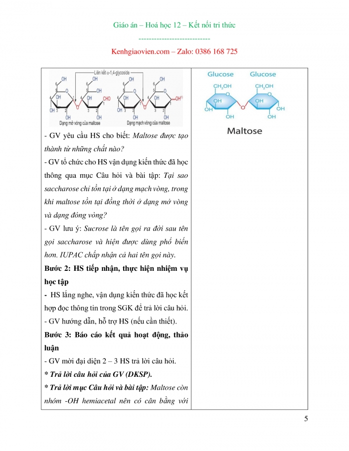 Giáo án và PPT Hoá học 12 kết nối bài 5: Saccharose và maltose