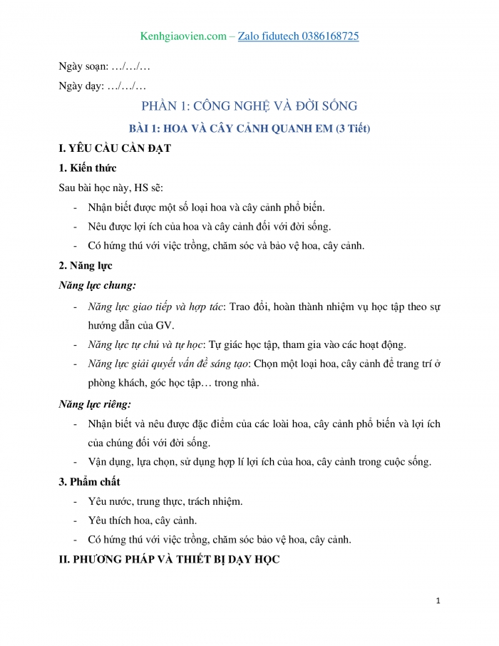 Giáo án và PPT Công nghệ 4 chân trời Bài 1: Hoa và cây cảnh quanh em