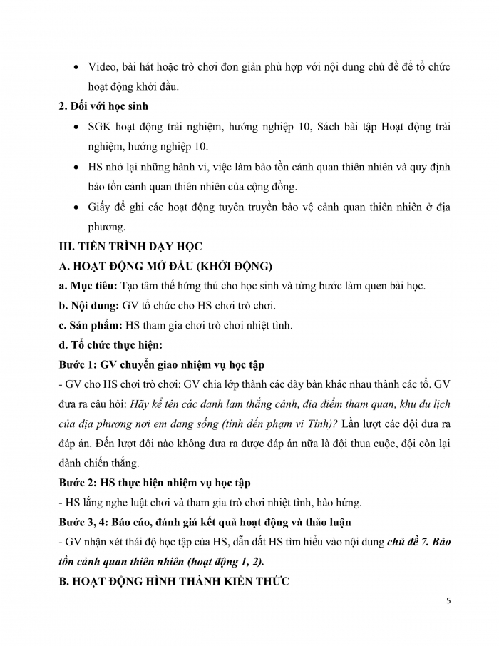 Giáo án và PPT Hoạt động trải nghiệm 10 kết nối Chủ đề 7: Bảo tồn cảnh quan thiên nhiên