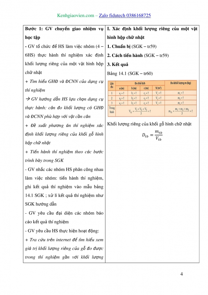 Giáo án và PPT KHTN 8 kết nối Bài 14: Thực hành xác định khối lượng riêng