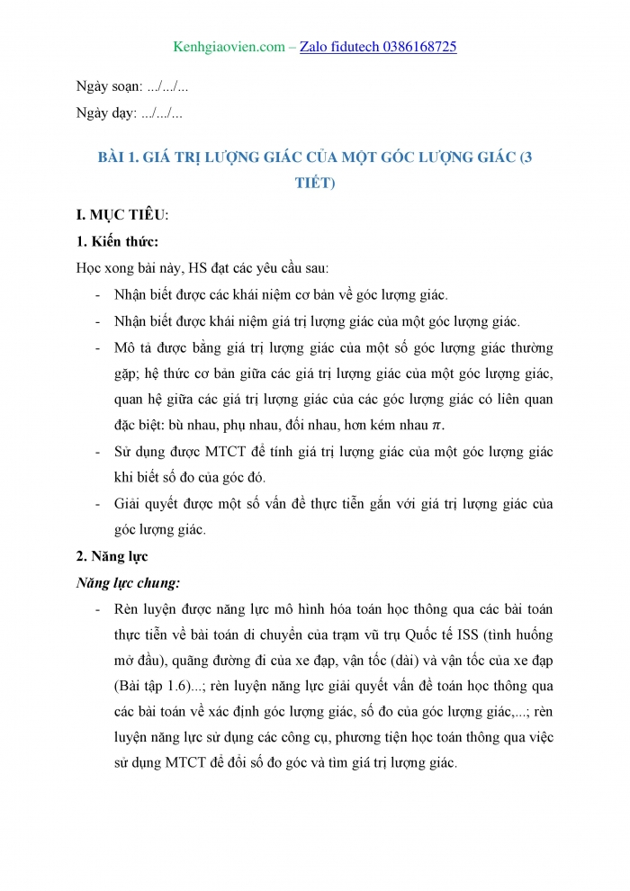 Giáo án và PPT Toán 11 kết nối Bài 1: Giá trị lượng giác của góc lượng giác