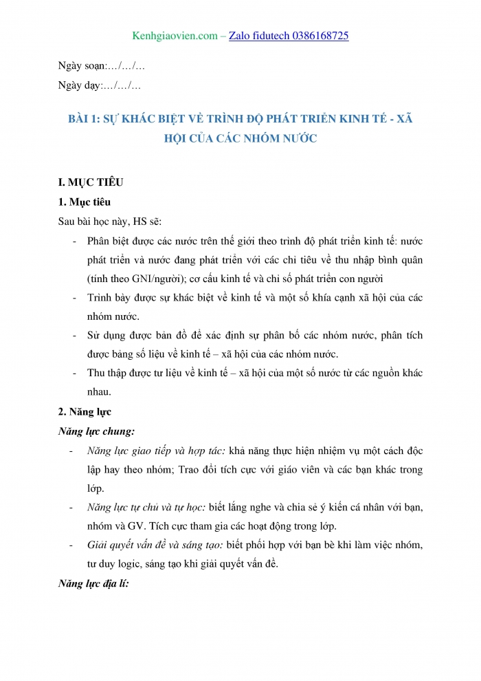 Giáo án và PPT Địa lí 11 kết nối Bài 1: Sự khác biệt về trình độ phát triển kinh tế - xã hội của các nhóm nước