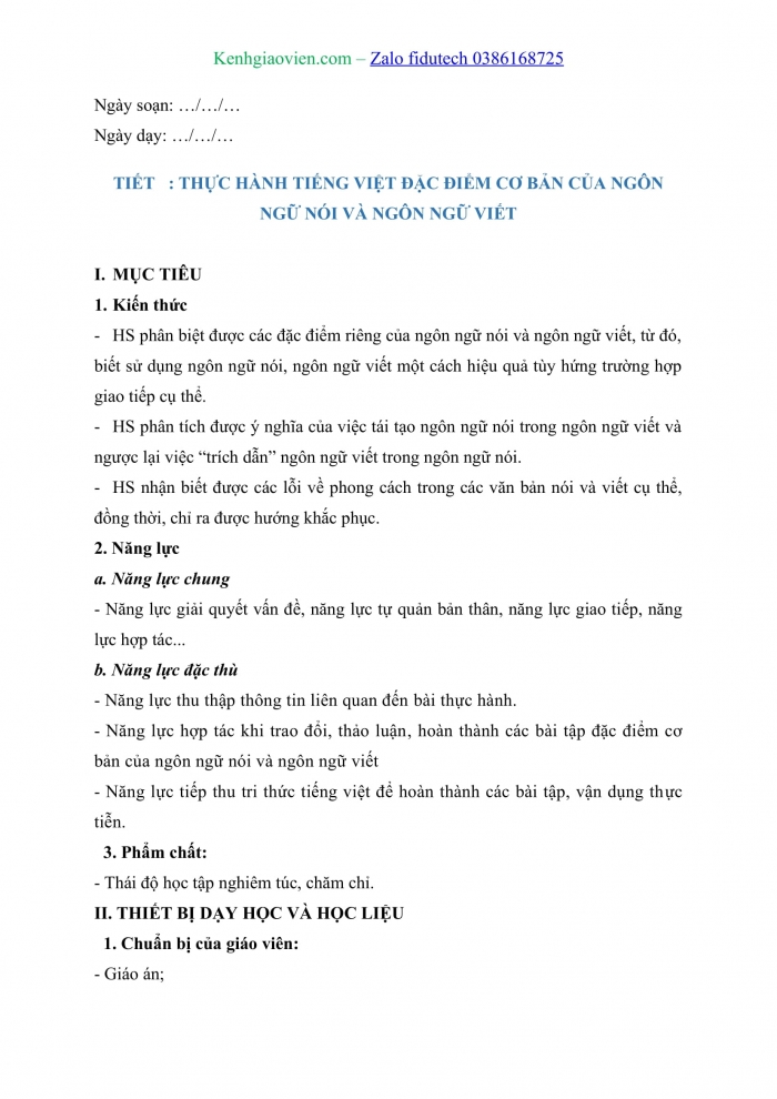 Giáo án và PPT Ngữ văn 11 kết nối Bài 1: Đặc điểm cơ bản của ngôn ngữ nói và ngôn ngữ viết