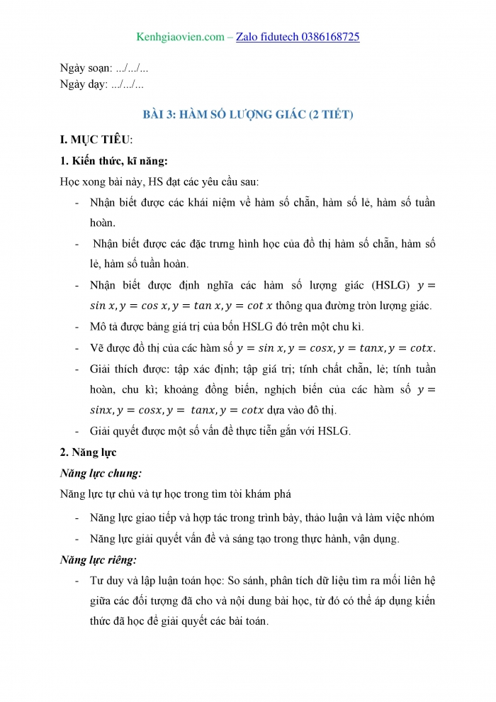 Giáo án và PPT Toán 11 kết nối Bài 3: Hàm số lượng giác