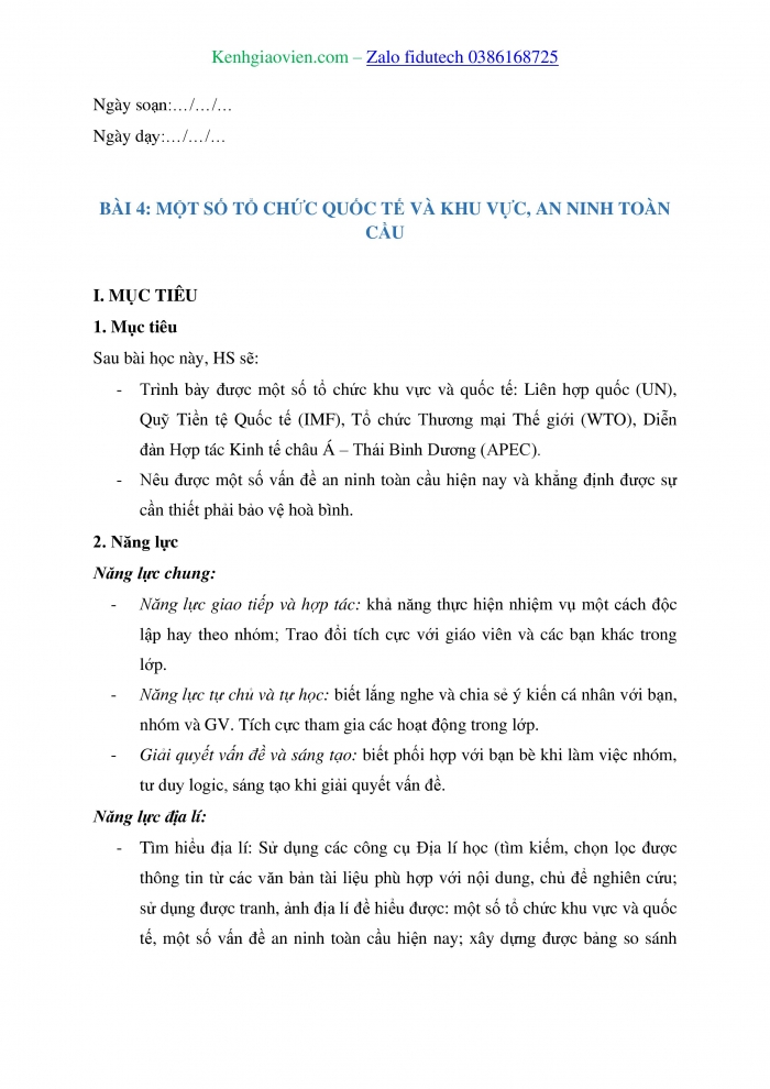 Giáo án và PPT Địa lí 11 kết nối Bài 4: Một số tổ chức quốc tế và khu vực, an ninh toàn cầu