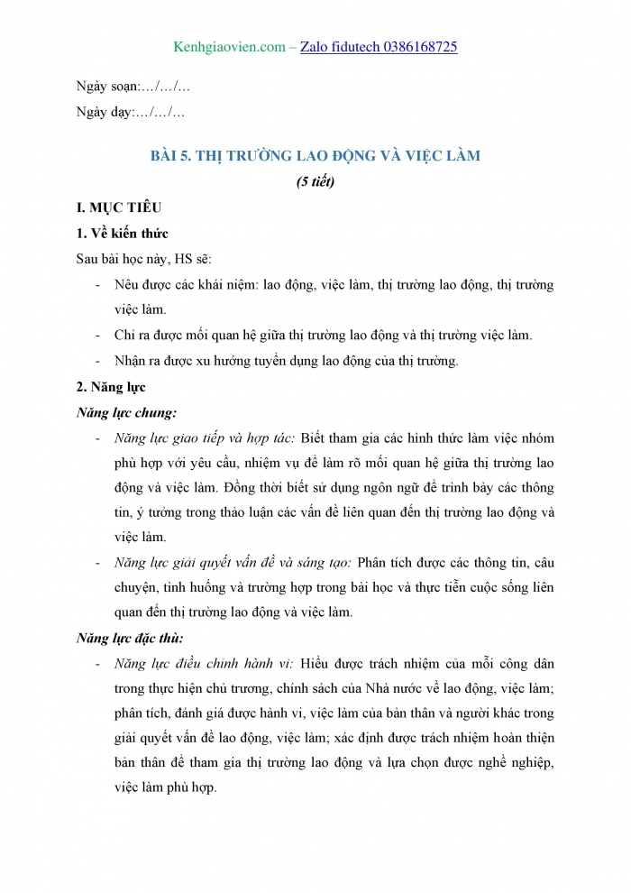 Giáo án và PPT Kinh tế pháp luật 11 kết nối Bài 5: Thị trường lao động và việc làm