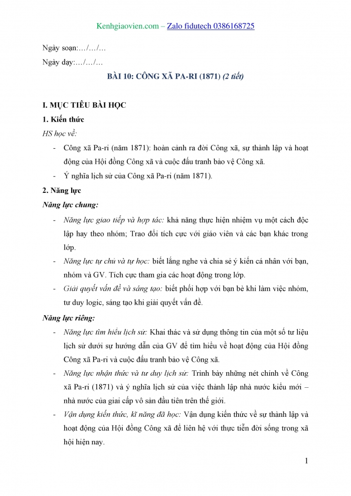 Giáo án và PPT Lịch sử 8 chân trời Bài 10: Công xã Pa-ri (năm 1871)