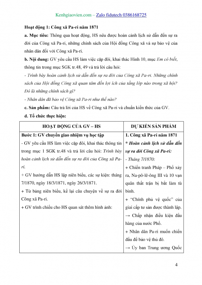 Giáo án và PPT Lịch sử 8 chân trời Bài 10: Công xã Pa-ri (năm 1871)