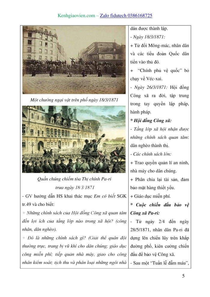 Giáo án và PPT Lịch sử 8 chân trời Bài 10: Công xã Pa-ri (năm 1871)