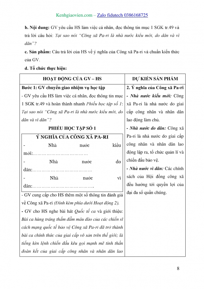 Giáo án và PPT Lịch sử 8 chân trời Bài 10: Công xã Pa-ri (năm 1871)