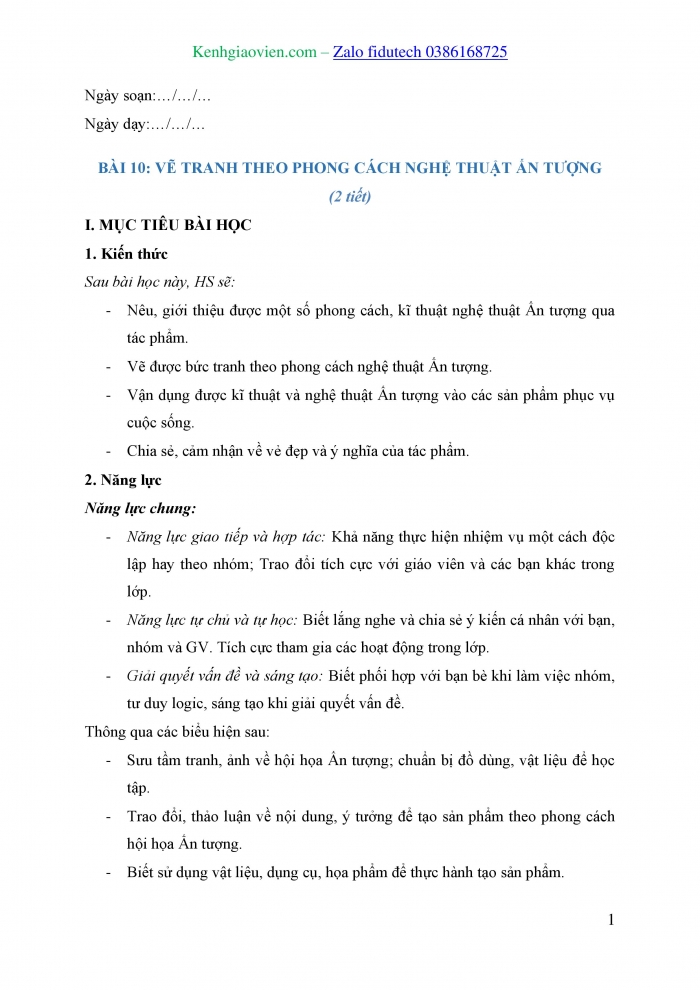 Giáo án và PPT Mĩ thuật 8 cánh diều Bài 10: Vẽ tranh theo phong cách nghệ thuật Ấn tượng