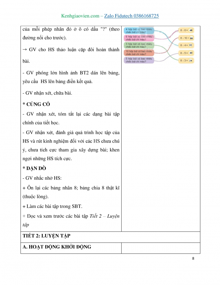 Giáo án và PPT Toán 3 kết nối Bài 11: Bảng nhân 8, bảng chia 8