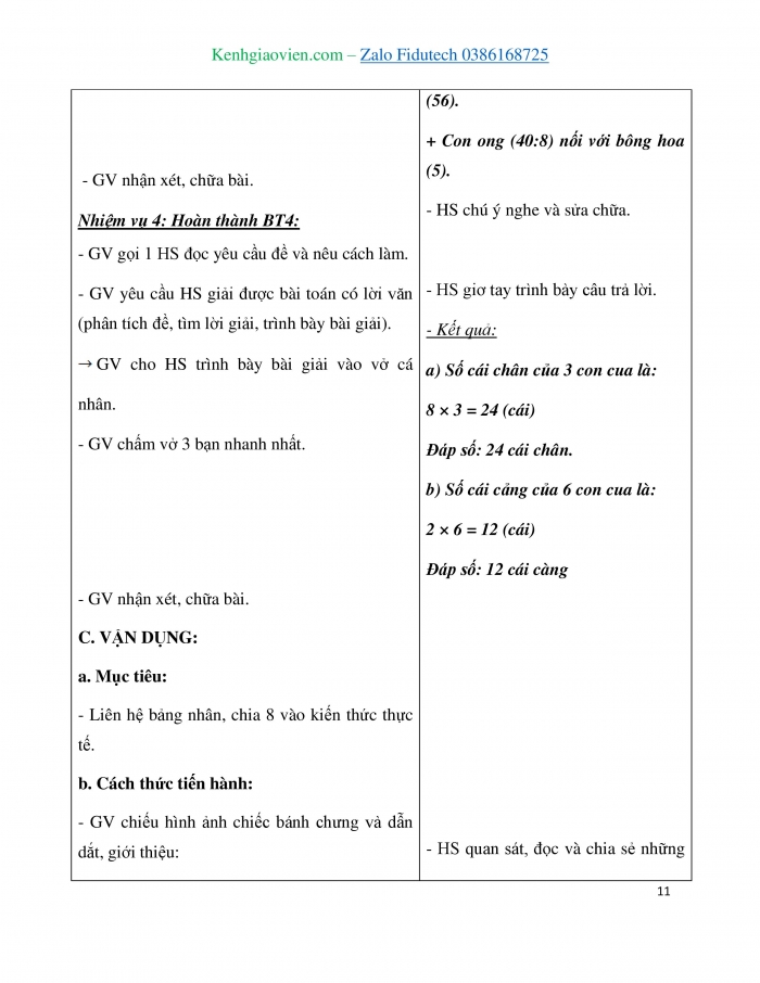 Giáo án và PPT Toán 3 kết nối Bài 11: Bảng nhân 8, bảng chia 8