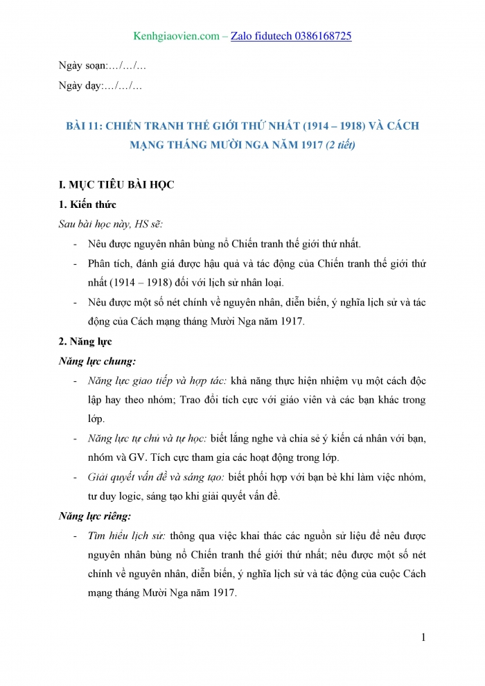 Giáo án và PPT Lịch sử 8 cánh diều Bài 11: Chiến tranh thế giới thứ nhất (1914 – 1918) và Cách mạng tháng Mười Nga năm 1917