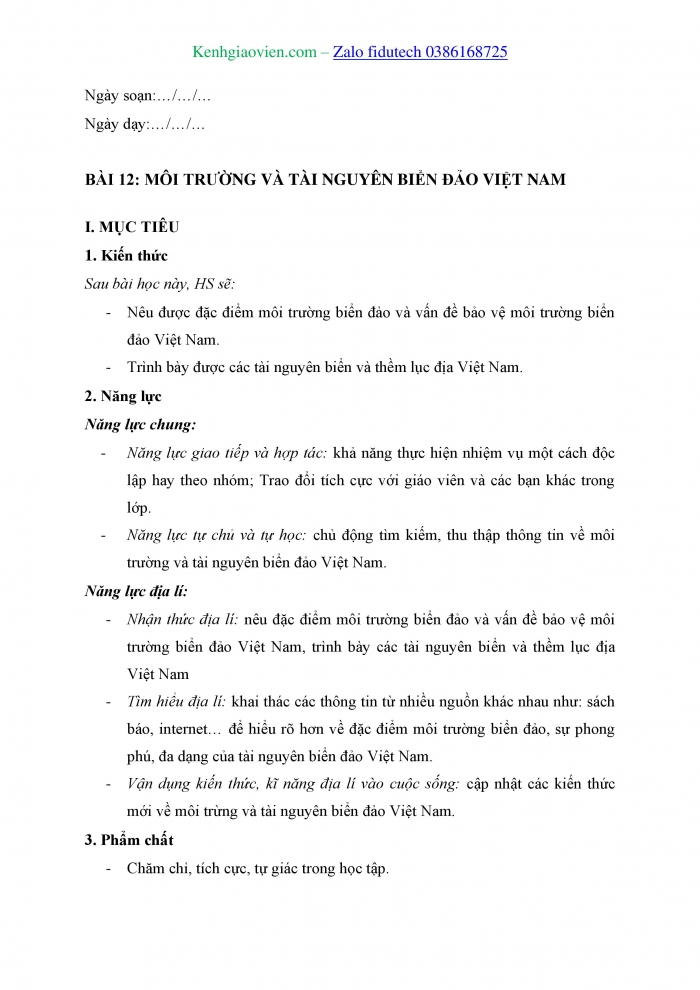 Giáo án và PPT Địa lí 8 cánh diều Bài 12: Môi trường và tài nguyên biển đảo Việt Nam