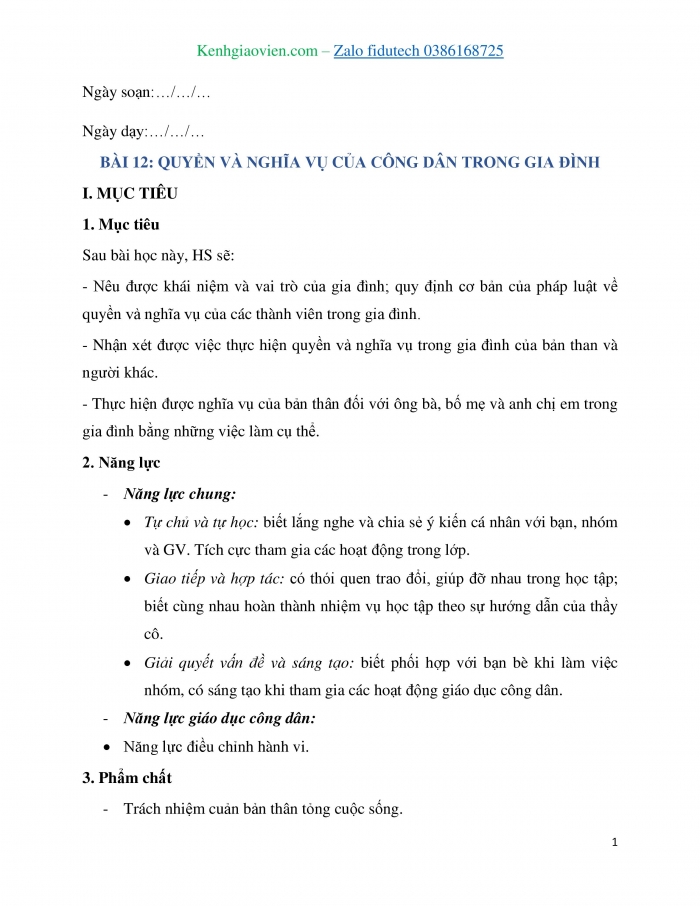 Giáo án và PPT Công dân 7 chân trời Bài 12: Quyền và nghĩa vụ của công dân trong gia đình