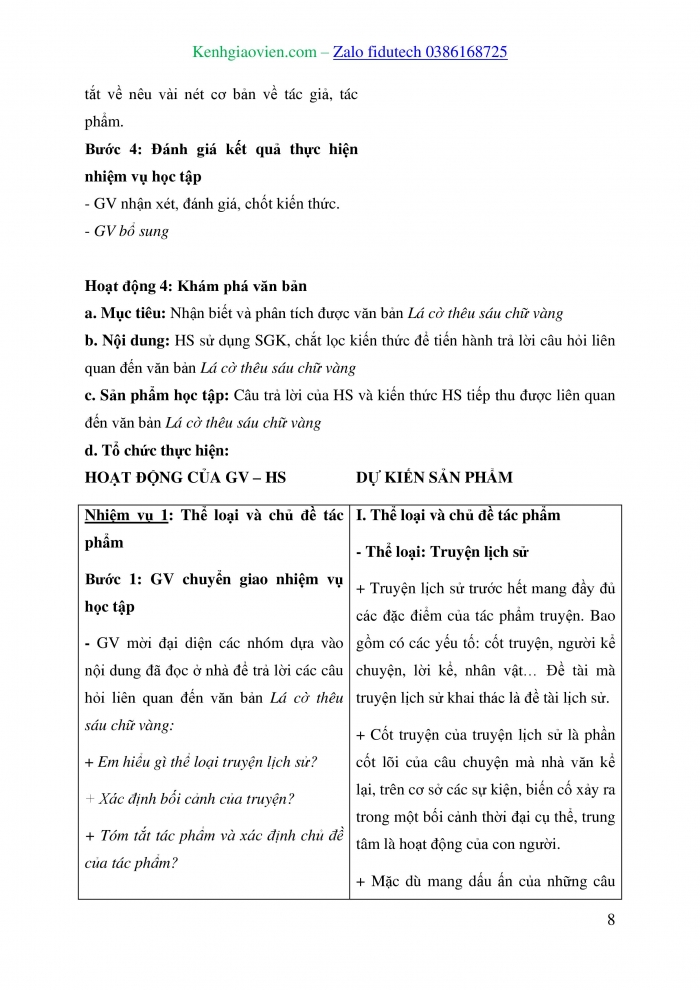 Giáo án và PPT Ngữ văn 8 kết nối Bài 1: Lá cờ thêu sáu chữ vàng (trích, Nguyễn Huy Tưởng)