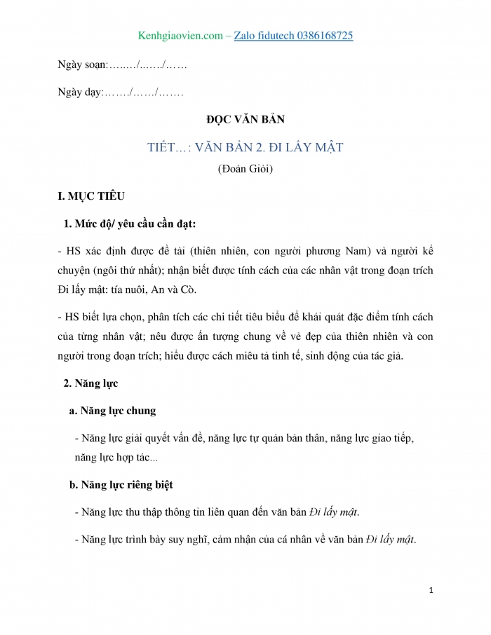 Giáo án và PPT Ngữ văn 7 kết nối Bài 1: Đi lấy mật (trích Đất rừng phương Nam, Đoàn Giỏi)