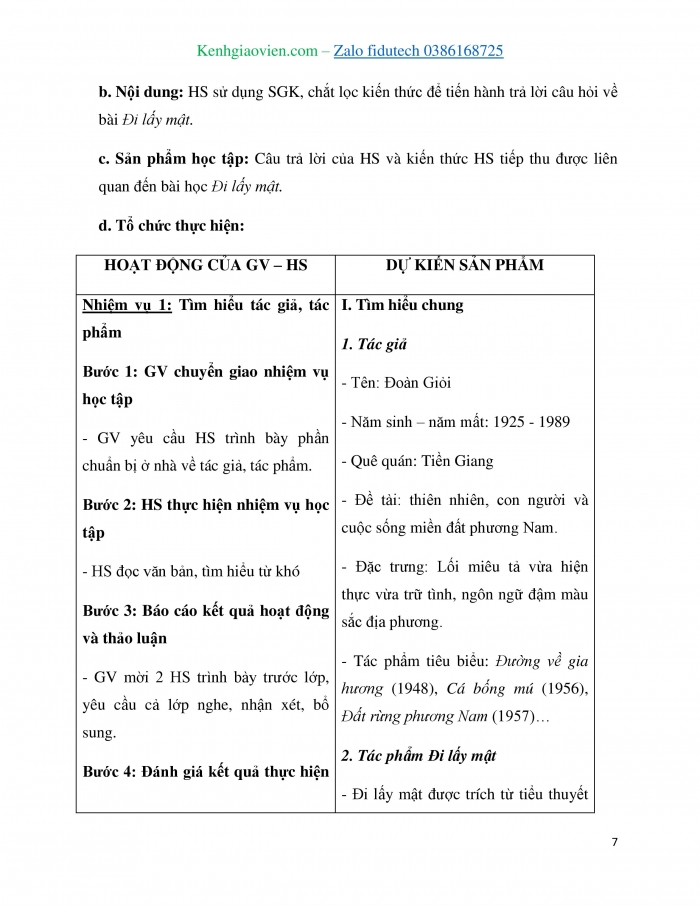 Giáo án và PPT Ngữ văn 7 kết nối Bài 1: Đi lấy mật (trích Đất rừng phương Nam, Đoàn Giỏi)