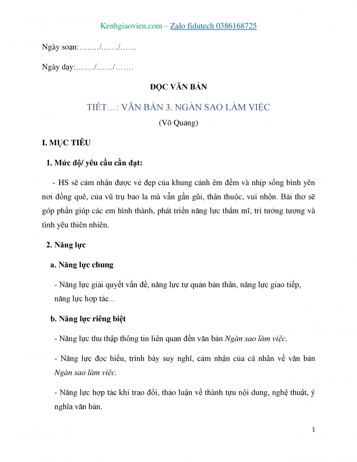 Giáo án và PPT Ngữ văn 7 kết nối Bài 1: Ngàn sao làm việc (Võ Quảng)