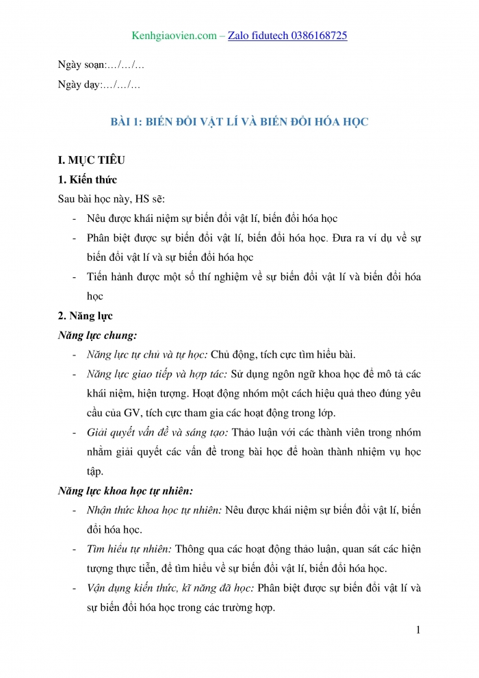 Giáo án và PPT KHTN 8 cánh diều Bài 1: Biến đổi vật lí và biến đổi hoá học