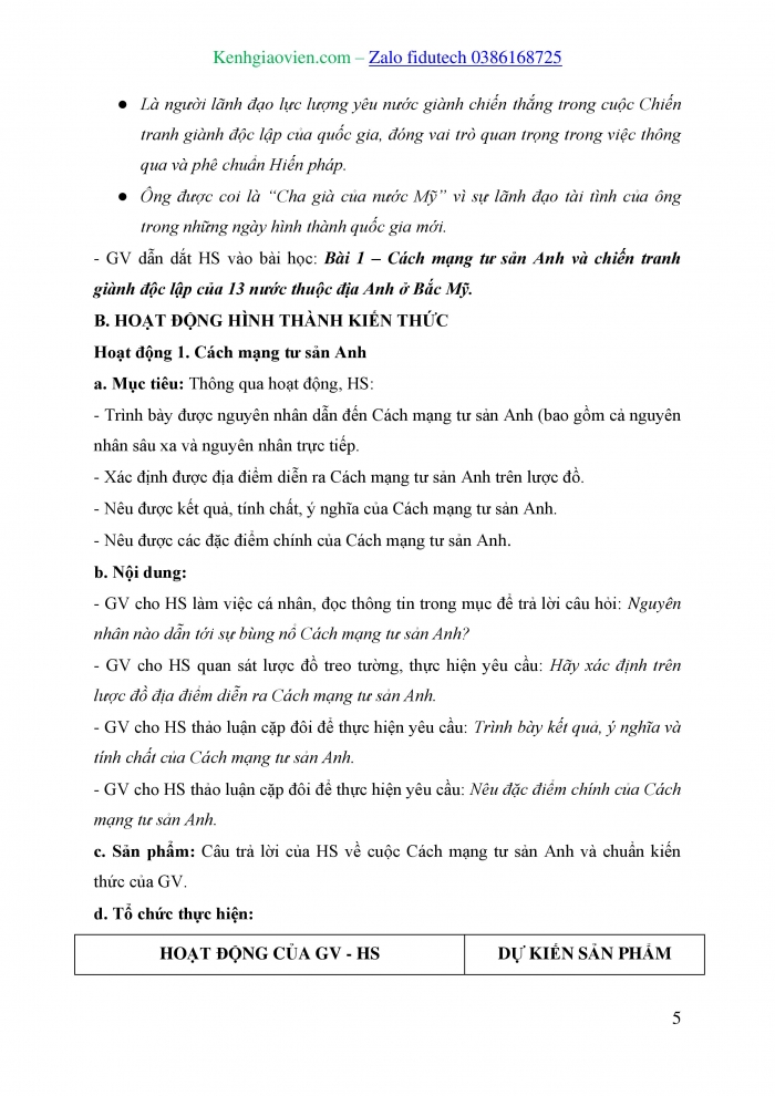 Giáo án và PPT Lịch sử 8 kết nối Bài 1: Cách mạng tư sản Anh và Chiến tranh giành độc lập của 13 thuộc địa Anh ở Bắc Mỹ