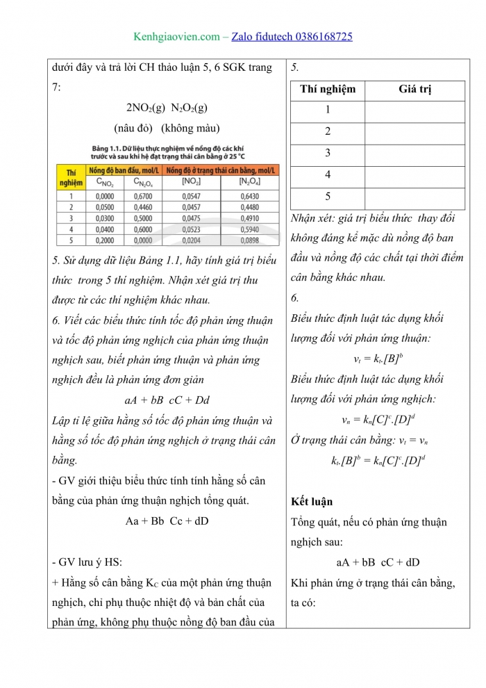 Giáo án và PPT Hoá học 11 chân trời Bài 1: Khái niệm về cân bằng hoá học