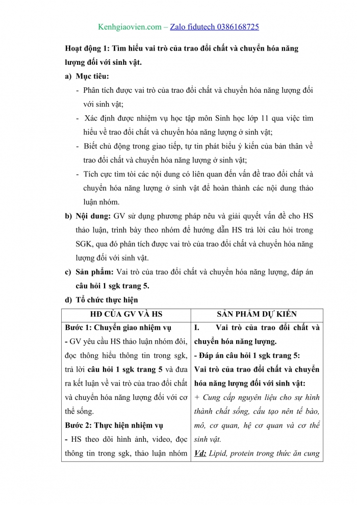 Giáo án và PPT Sinh học 11 chân trời Bài 1: Khái quát về trao đổi chất và chuyển hoá năng lượng ở sinh vật