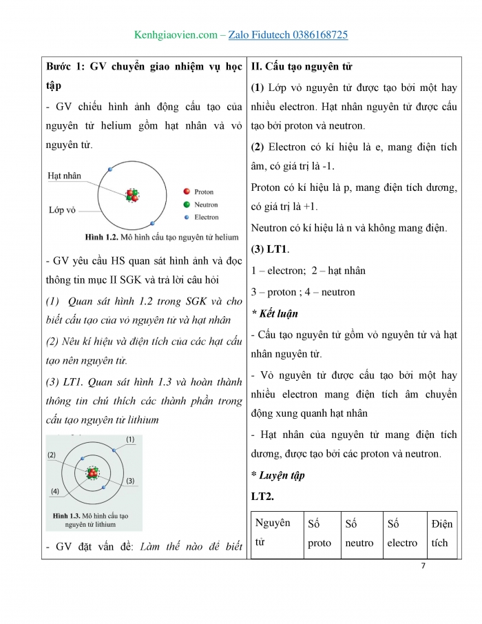 Giáo án và PPT KHTN 7 cánh diều Bài 1: Nguyên tử