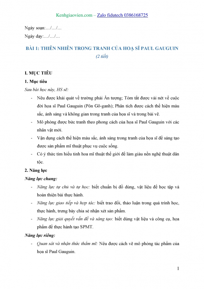 Giáo án và PPT Mĩ thuật 8 chân trời bản 1 Bài 1: Thiên nhiên trong tranh của hoạ sĩ Paul Gauguin