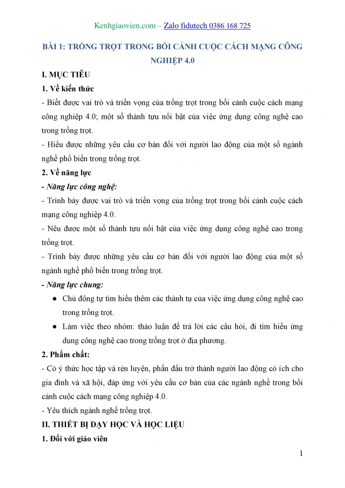 Giáo án và PPT Công nghệ trồng trọt 10 cánh diều Bài 1: Trồng trọt trong bối cảnh cuộc cách mạng công nghiệp 4.0