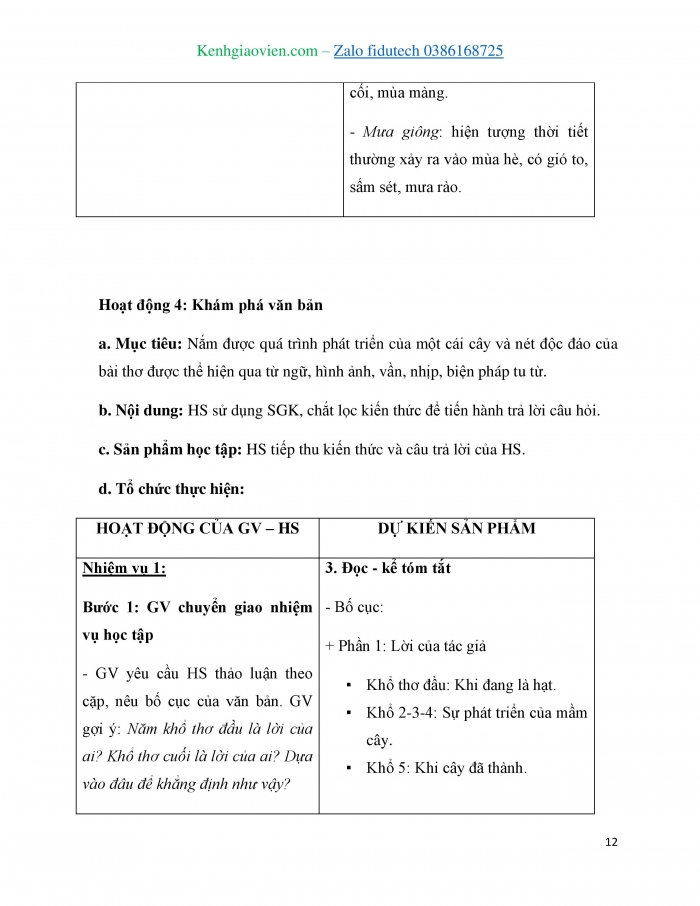 Giáo án và PPT Ngữ văn 7 chân trời Bài 1: Lời của cây (Trần Hữu Thung)