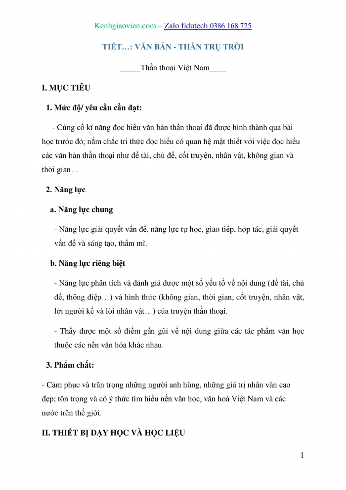 Giáo án và PPT Ngữ văn 10 cánh diều Bài 1: Thần Trụ trời (Thần thoại Việt Nam)