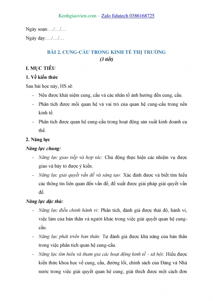 Giáo án và PPT Kinh tế pháp luật 11 chân trời Bài 2: Cung - cầu trong kinh tế thị trường