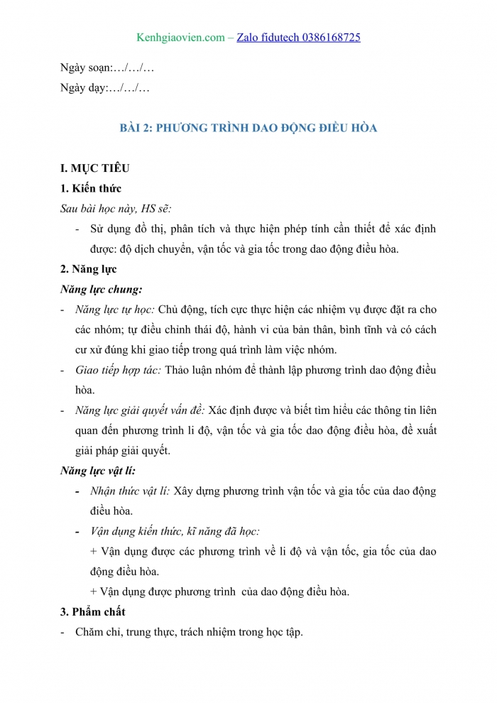 Giáo án và PPT Vật lí 11 chân trời Bài 2: Phương trình dao động điều hoà