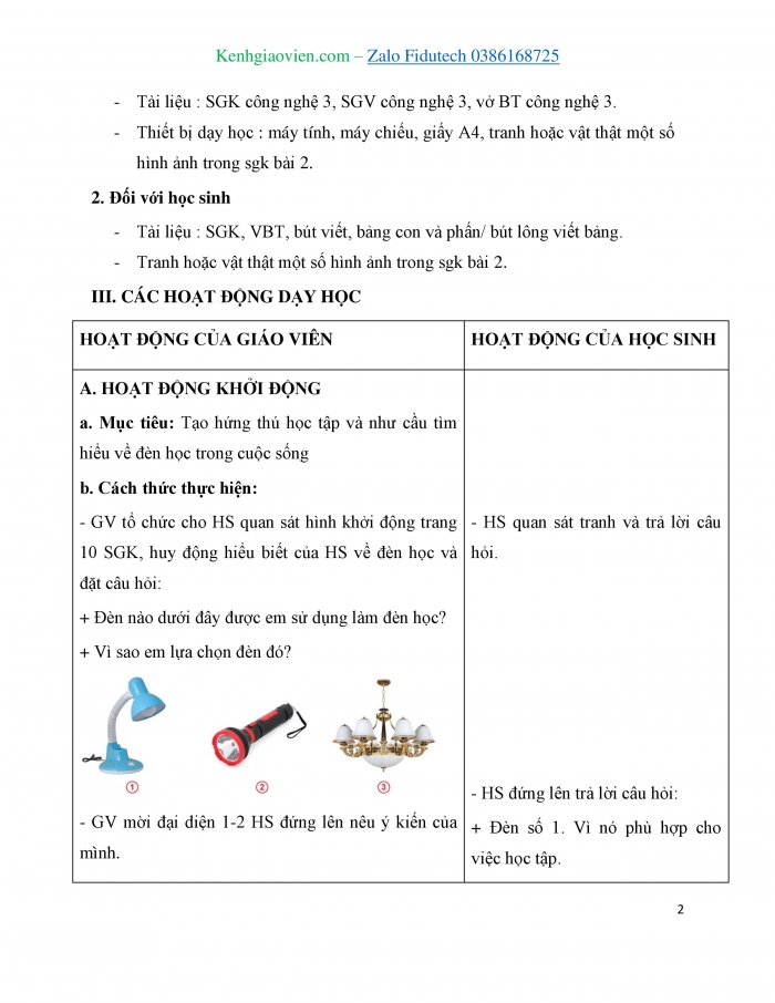 Giáo án và PPT Công nghệ 3 cánh diều Bài 2: Sử dụng đèn học