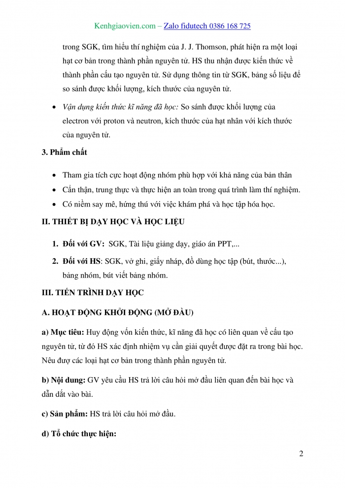 Giáo án và PPT Hoá học 10 cánh diều Bài 2: Thành phần của nguyên tử